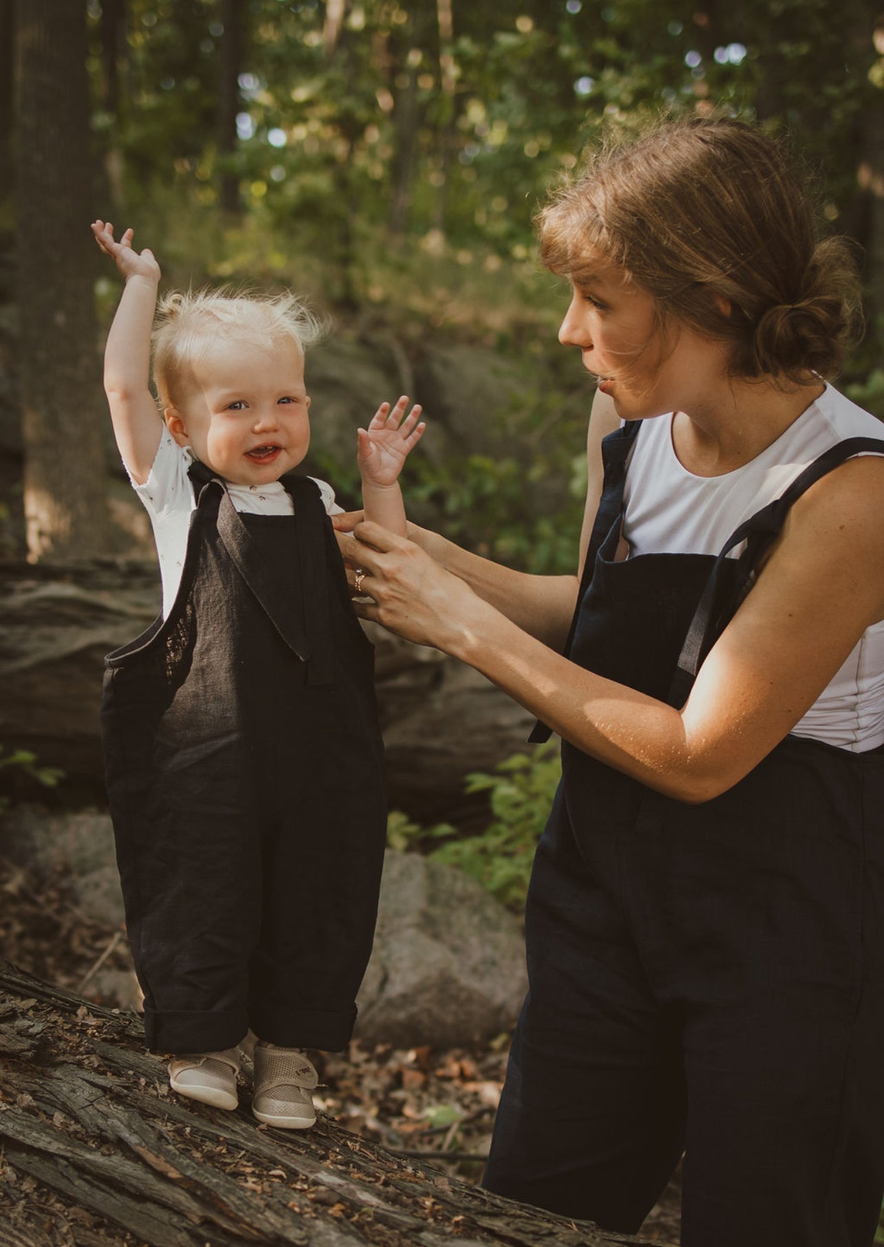 15 month old in Navy linen overalls