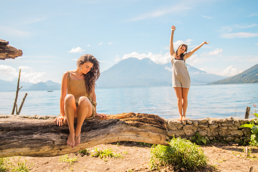 Linen Overalls on two females lake front in nature