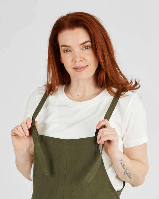 Green Linen Overalls, on female model, detailed view
